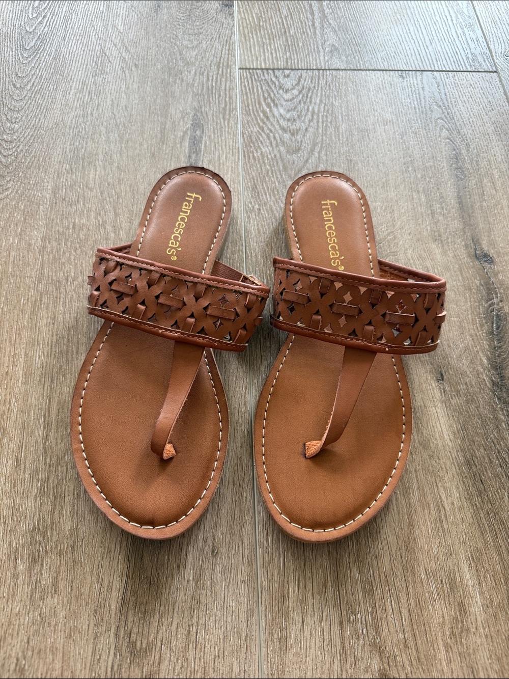 Francesca's Tan Laser-Cut Toe-Post Sandals